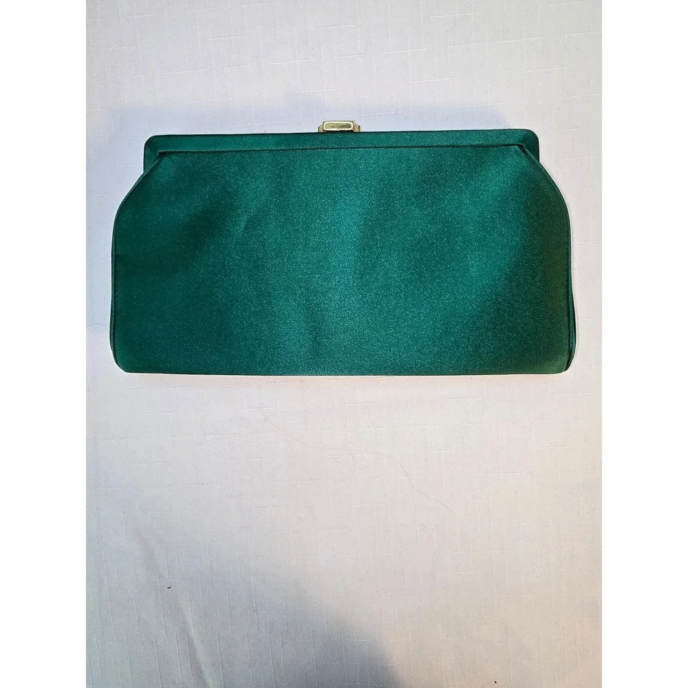 Vintage MM Emerald Green Satin Evening Clutch Bag with Coin Purse and Mirror